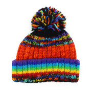 Hand Knitted Wool Beanie Bobble Hat - SD Black Rainbow Orange