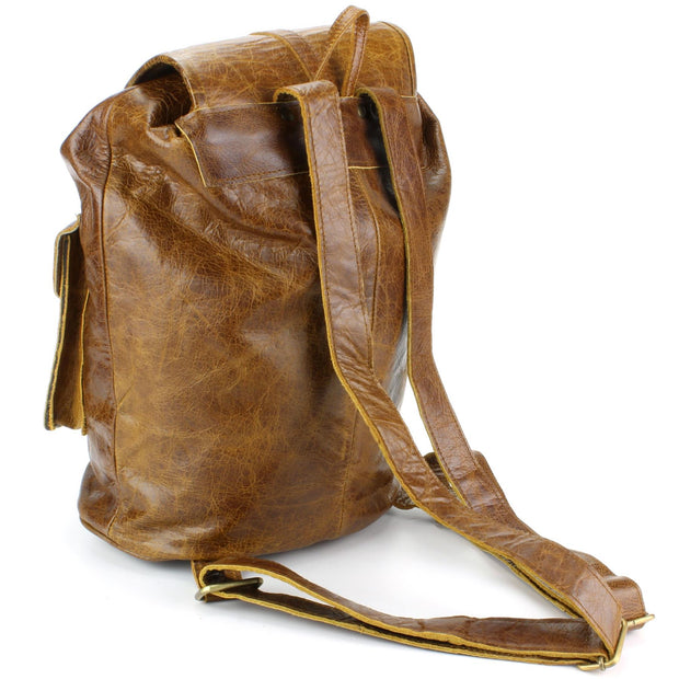 Real Leather Backpack with Two Front Pockets - Brown