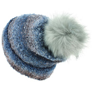 Fleece Lined Beanie Hat with Faux Fur Bobble - Blue