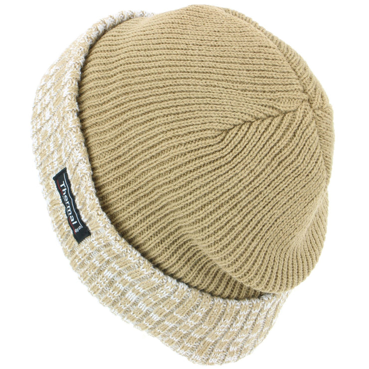 Fine Knit Beanie Hat with Thermal Lining and Marl Turn-up - Light Brown