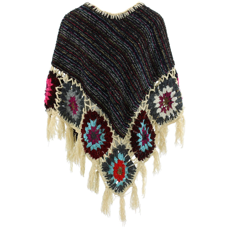 Granny Squares Crochet Poncho Short - Black Multi/Cream