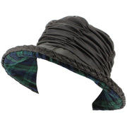 Ladies Water Resistant Wax Cloche Hat with Ruched Crown and Tartan Check Lining - Brown