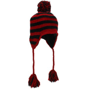 Wool Knit Earflap Bobble Hat - Stripe Red Black