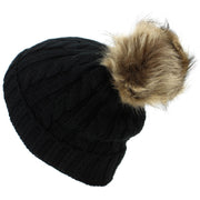 Childrens Cable Knit Beanie Hat with Faux Fur Bobble and Turn-up - Black