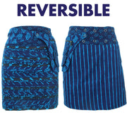Reversible Popper Wrap Knee Length Skirt - Indigo Patch Strips / Indigo Stripe