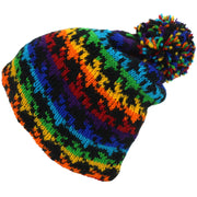 Wool Knit Bobble Beanie Hat - Rainbow Houndstooth