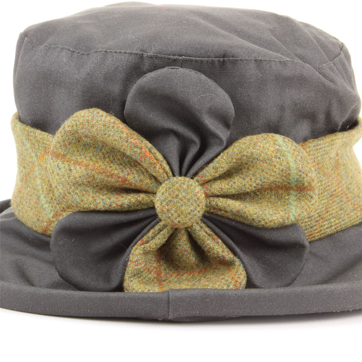 Ladies Wax Hat with Tweed Band and Flower - Olive