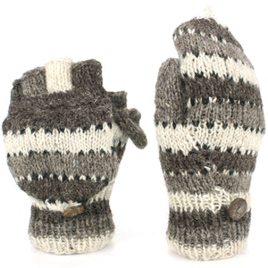 Chunky Wool Knit Fingerless Shooter Gloves - Stripe - Oatmeal & Grey