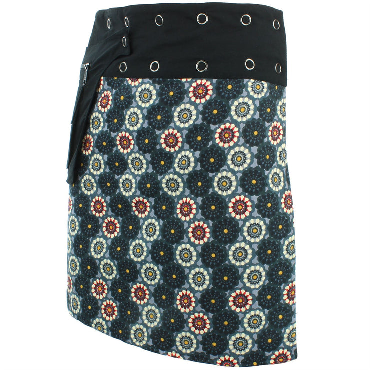 Reversible Popper Wrap Knee Length Skirt - Black Patch Strips / Kaleidoscope