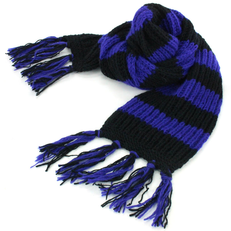 Chunky Wool Knit Striped Scarf - Purple & Black