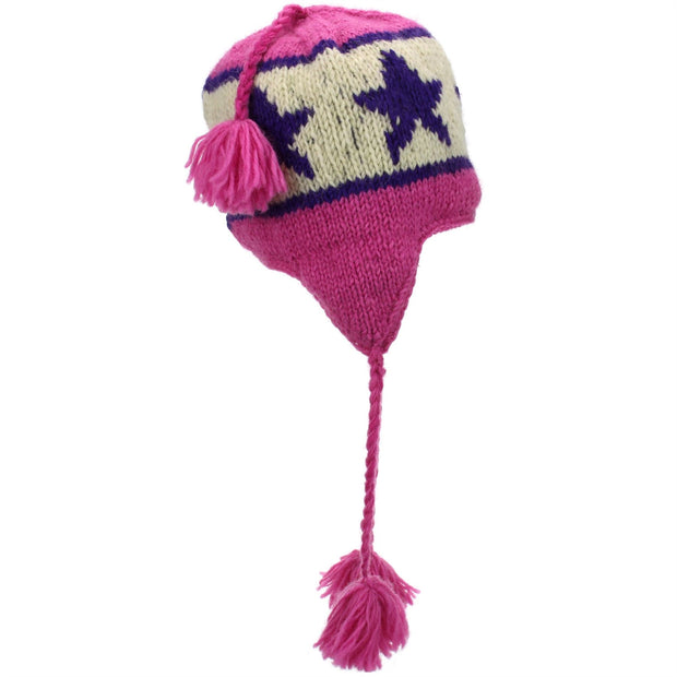 Wool Knit Earflap Tassel Hat - Star Pink