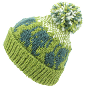 Bonnet à pompon en tricot de laine - éléphant - vert blanc