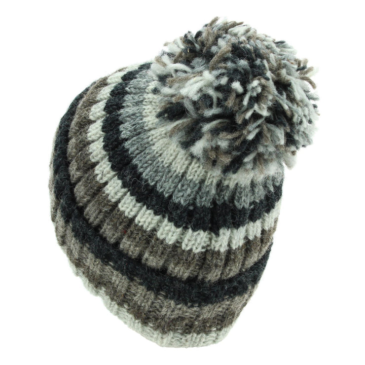 Hand Knitted Wool Beanie Bobble Hat - Stripe Natural