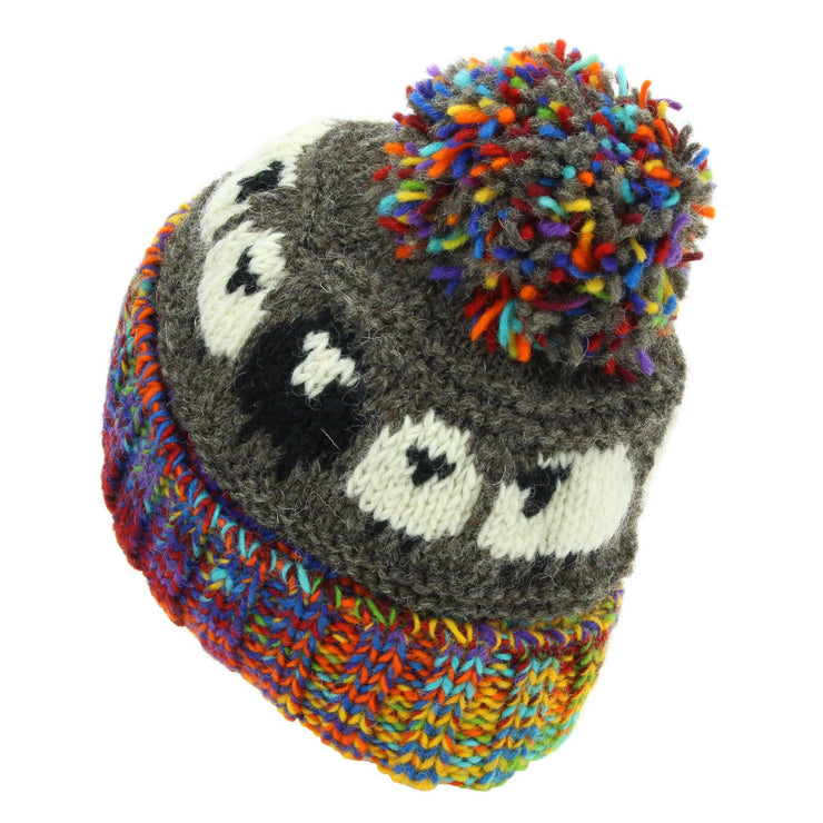 Wool Knit Bobble Beanie Hat - Sheep - Grey Rainbow