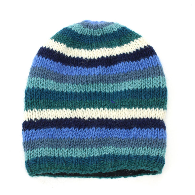 Hand Knitted Baggy Slouch Beanie Hat - Stripe Blue