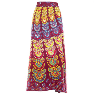 Long Maxi Wrap Skirt with Block Print Mandala - Plum & Yellow