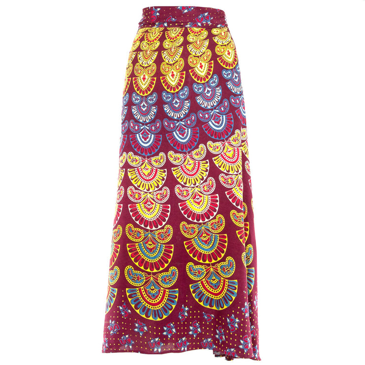 Long Maxi Wrap Skirt with Block Print Mandala - Plum & Yellow