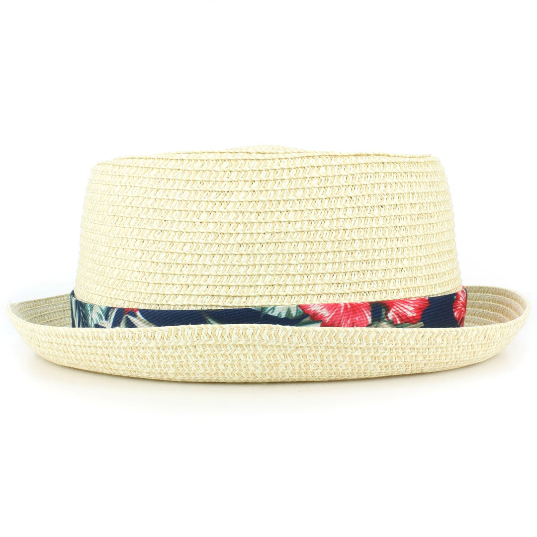 Straw Porkpie Hat with Hawaiian Floral Band - White