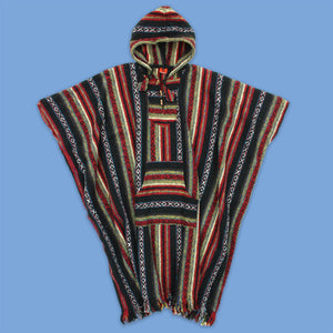 Brushed Cotton Long Hooded Poncho - Black Red
