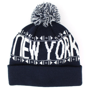 Fine knit bobble beanie hat with turn up - Navy NY