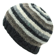 Hand Knitted Wool Beanie Hat - Stripe Natural