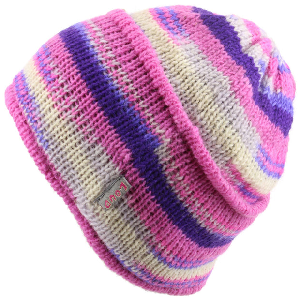 Wool knit ridge beanie hat with fleece lining - Pink & cream