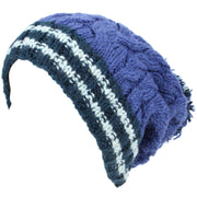 Chunky Wool Cable Knit Big Baggy Slouch Beanie Bobble Hat with Striped Brim - Blue