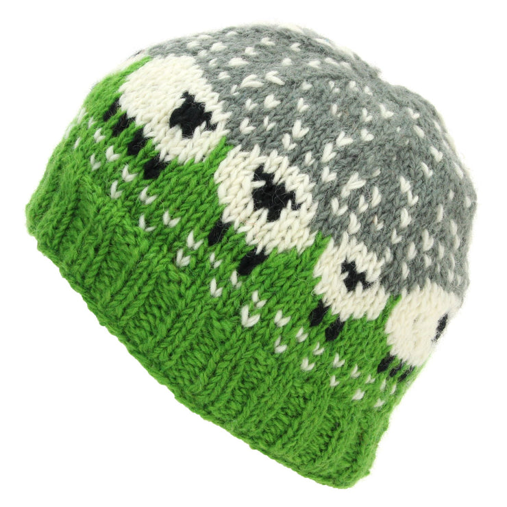 Hand Knitted Wool Beanie Hat - Sheep Green