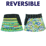 Reversible Popper Wrap Children's Size Mini Skirt - Green Patch Strips / Floral Oyster