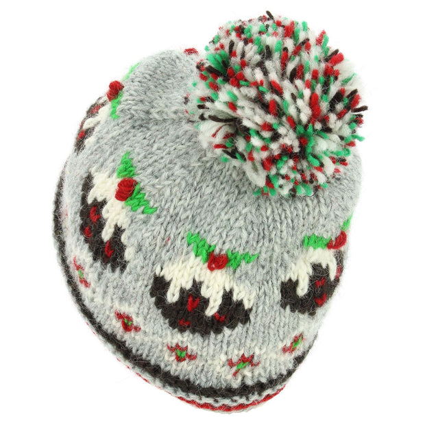 Hand Knitted Wool Beanie Bobble Hat - Christmas Puddings