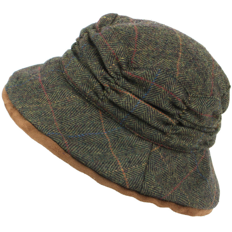 Ladies Wool Tweed Herringbone Cloche Hat - Dark Brown