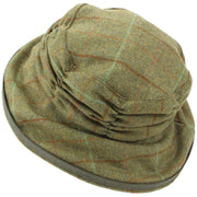 Ladies Wool Tweed Cloche Hat with a Ruched Crown - Dark Green