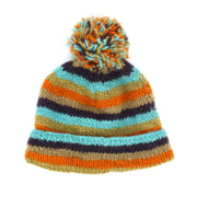 Chunky Wool Knit Beanie Bobble Hat - Stripe Retro A