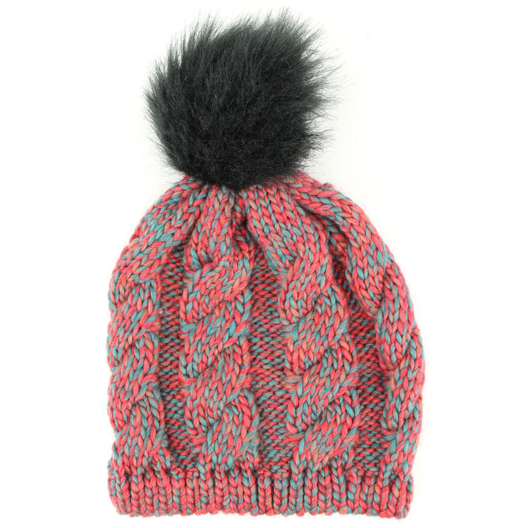 Chunky cable knit beanie hat with faux fur bobble - Red