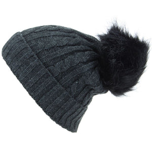 Cable Knit Beanie Hat with Faux Fur Bobble - Charcoal Grey