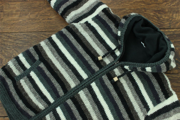 Hand Knitted Wool Hooded Jacket Cardigan - Stripe Greys