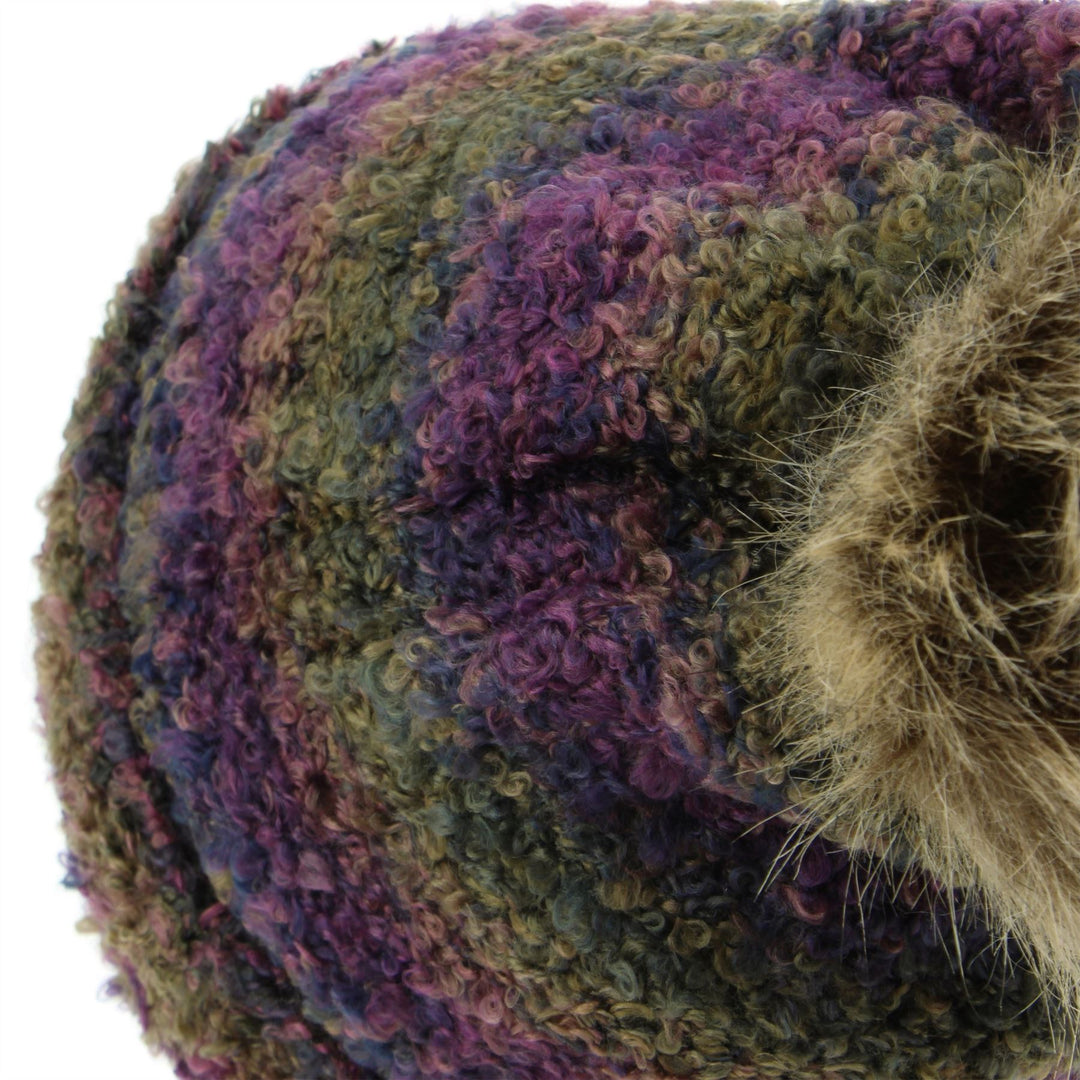 Fleece Lined Beanie Hat with Faux Fur Bobble - Purple