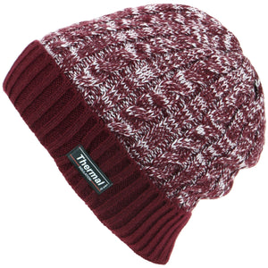 Cable Knit Marl Beanie Hat with Turn-up - Maroon