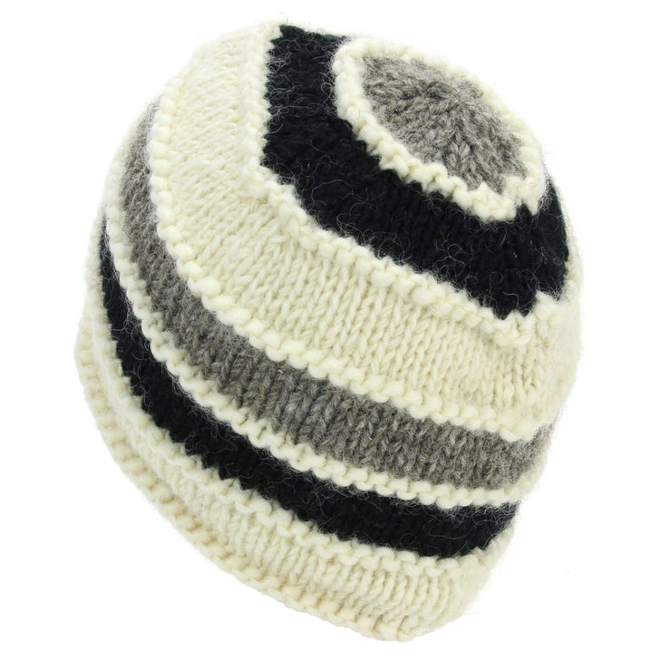 Hand Knitted Wool Beanie Hat - Stripe Cream Black