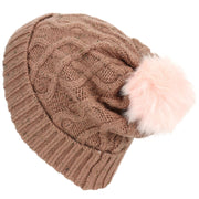 Ribbed Cable Knit Bobble Beanie Hat - Brown