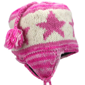 Bonnet à pompon en tricot de laine - rose étoile sd