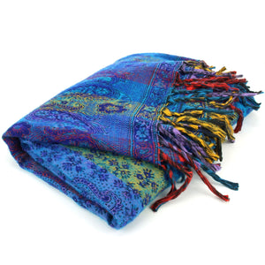 Vegan Wool Shawl Blanket - Paisley Stripe - Blues & Yellow