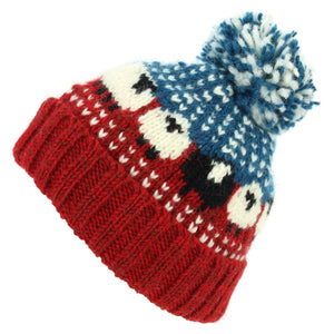 Bonnet à pompon en laine tricoté à la main - mouton - bleu rouge