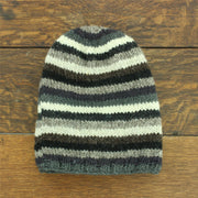 Wool Knit Baggy Slouch Beanie Hat - Stripe Greys