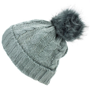 Twisted Rib Knitted Hat with Matching Colour Bobble - Light Grey