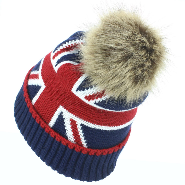 Union Jack Bobble Beanie Hat with Faux Fur Bobble - Brown