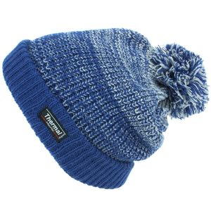 Chunky Knit Marl Bobble Beanie Hat with Turn-up - Blue