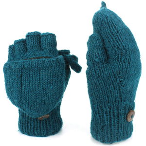 Chunky Wool Knit Fingerless Shooter Gloves - Plain - Teal