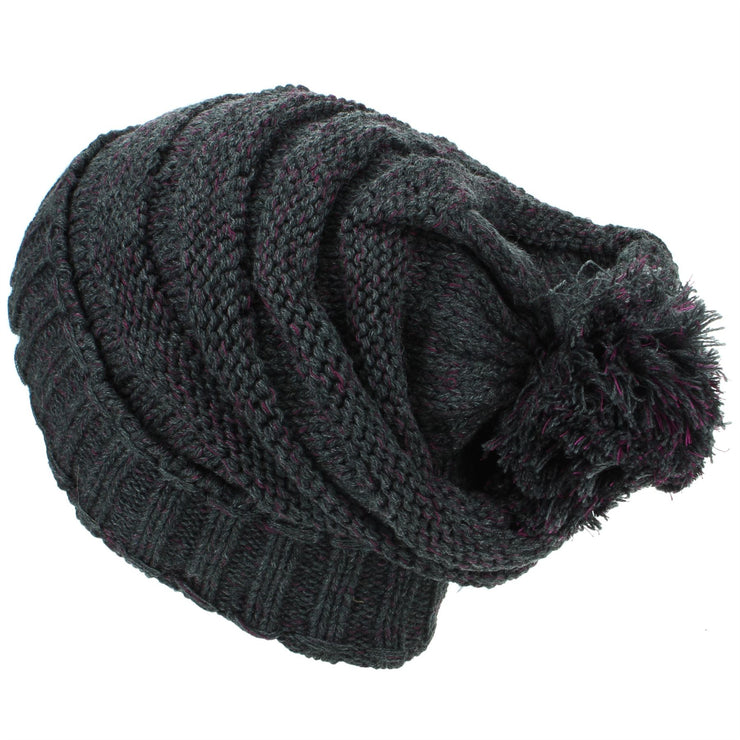 Acrylic Knit Baggy Beanie Bobble Hat - Charcoal Grey