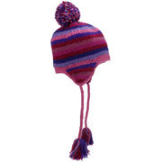 Wool Knit Earflap Bobble Hat - Stripe Pink Purple